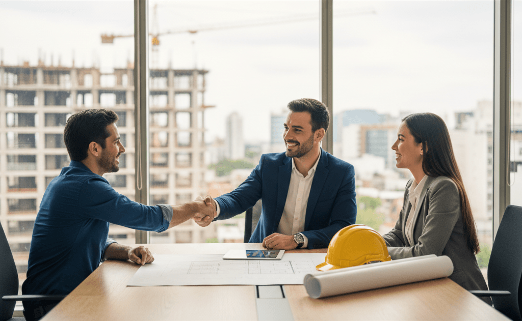 Personas colaborando y estrechando manos, representando el contacto y la asesoría.